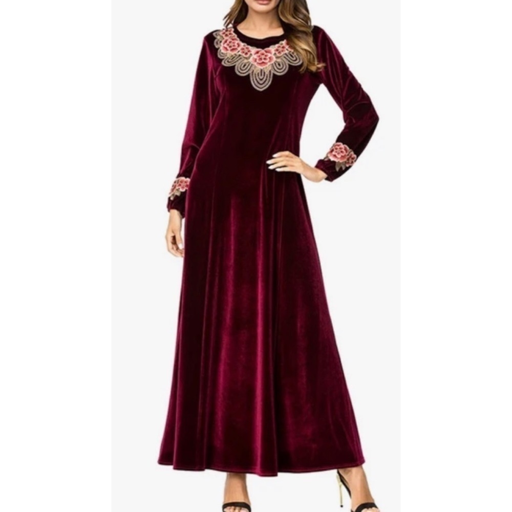 Dark red velvet floral embroidered maxi opera formal dress